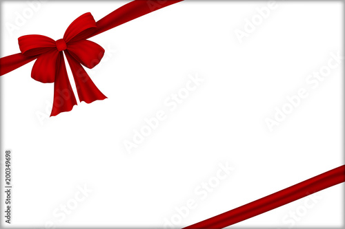 Vector realistic red bow. Bow of satin ribbon. Velvet bow. Postcard template. For the design of drawings with gifts, gift wrapping, postcards and other printed products. Vector EPS 10.