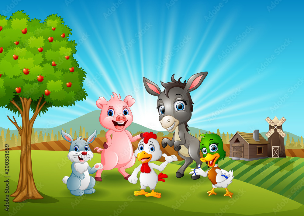 Happy animals on farm background Happy animals on farm background