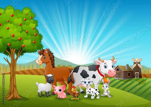 Happy animals on farm background