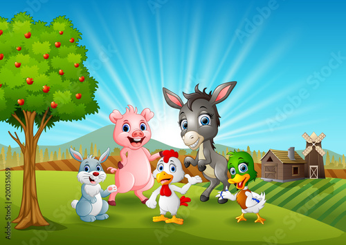 Happy animals on farm background