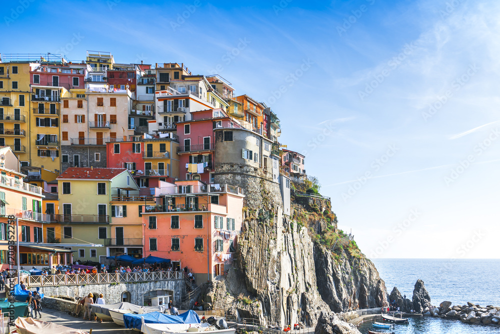 Manarola Italy, a city along the Cinque Terre on the Mediterranean Sea