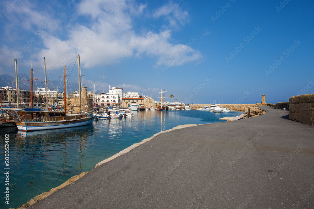 Beautiful view of old harbour in Kyrenia town, North Cyprus