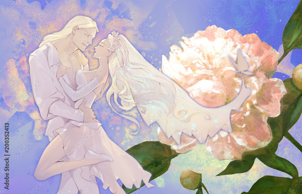 Beautiful anime cartoon wedding illustration of a young couple just married on an abstract background Beautiful anime cartoon wedding illustration of a young couple just married on an abstract background