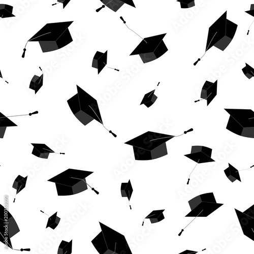 Graduation caps fly in the air. Seamless pattern. Vector illustration, black and white