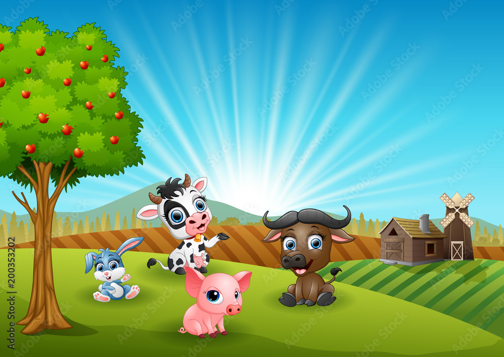 Obraz premium Farm cartoon animals in the morning