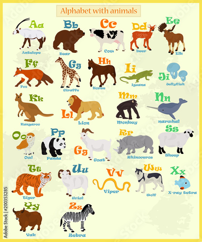 Fototapeta Naklejka Na Ścianę i Meble -  Vector alphabet with animals on a light background