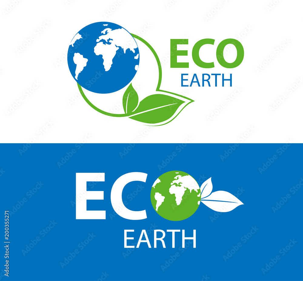 Color label of ECO earth on white and blue background. Vector illustration of symbol of ecology. Planet and eco symbol or icon. Natural, organic logotype design template.