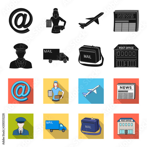 The postman in uniform, mail machine, bag for correspondence, postal office.Mail and postman set collection icons in black,flet style vector symbol stock illustration web.