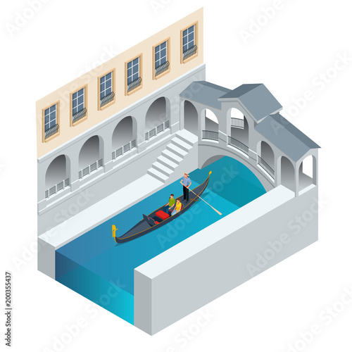 Isometric Traditional Gondola. Gondola with gondolier and tourists in Venice, Italy Travel. Italian man profession
