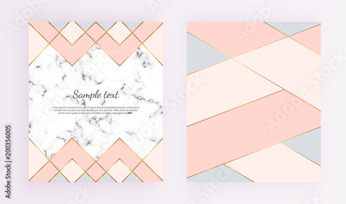 Modern geometric designs with marble texture, gold lines, pink, blue colors background. Trendy template for design banner, card, flyer, invitation, party, birthday, wedding, baby shower, placard