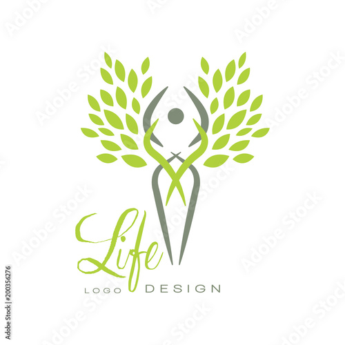 Trendy life logo template with silhouette of human and bright green leaves. Healthy lifestyle. Flat vector emblem for medical or wellness center