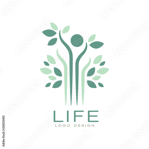 Green life logo with leaves and abstract human figure. Harmony with nature. Flat vector emblem for medical care center or spa salon