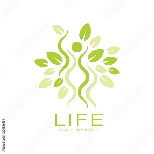 Bright green life logo with human silhouette and leaves. Natural and healthy living. Flat vector emblem for yoga studio or wellness center