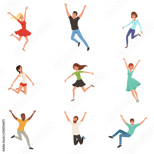 Flat vector set with jumping happy people. Joyful men and women in different positions. Cartoon characters of young guys and girls in casual outfit