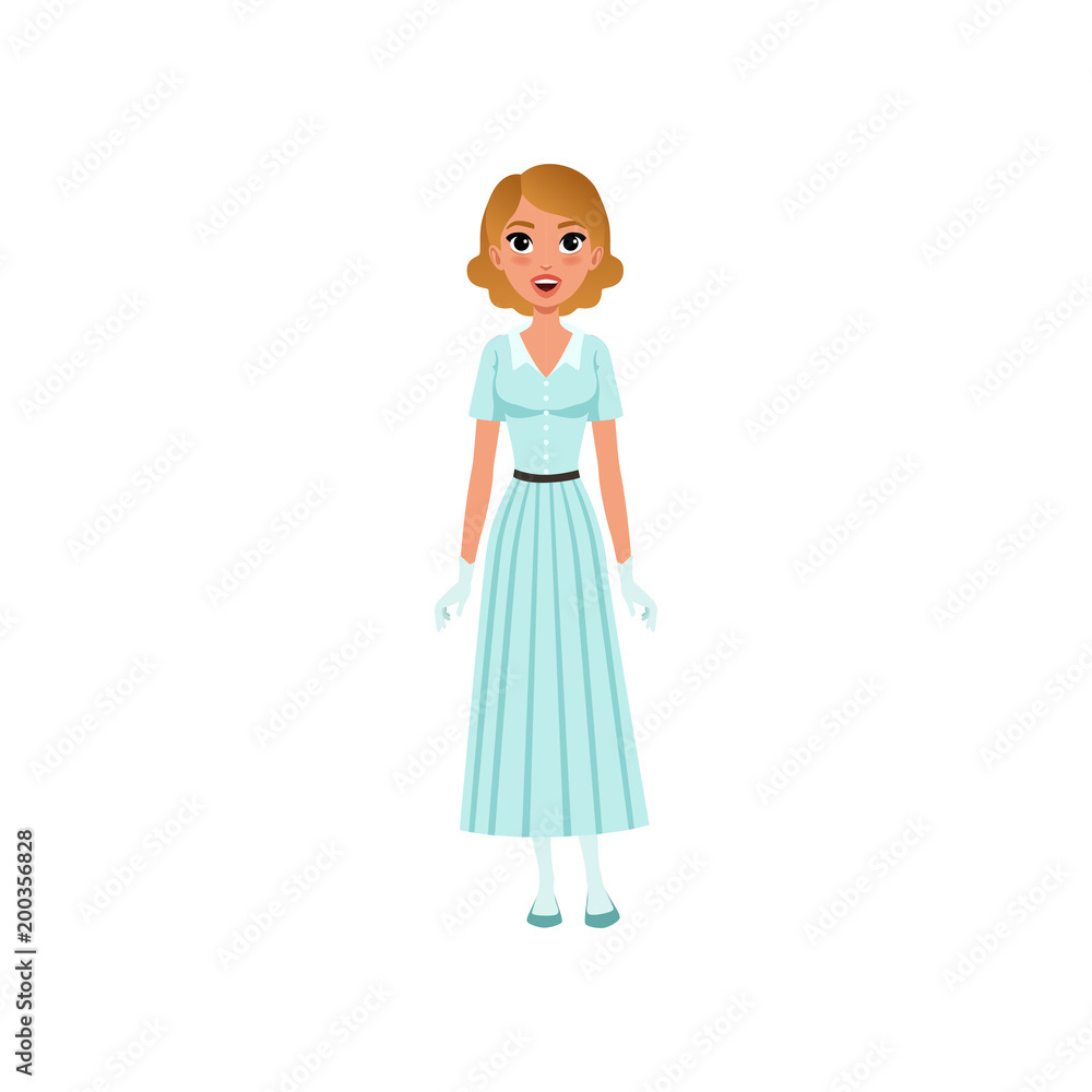 Beautiful young woman in elegant retro light blue dress and white gloves vector Illustration on a white background Beautiful young woman in elegant retro light blue dress and white gloves vector Illustration on a white background
