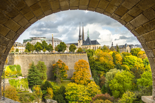 View of Gelle Fra and Notre Dame Cathedral from Adolphe bridge in Luxembourg