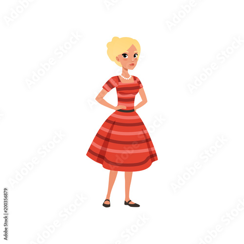 Beautiful blonde young woman in red dress, girl in fashion outfit vector Illustration on a white background