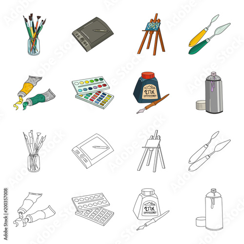 Balonchik paints, tubes with paint, watercolor in a box, ink in a bottle and a pen.Artist and drawing set collection icons in cartoon,outline style vector symbol stock illustration web.