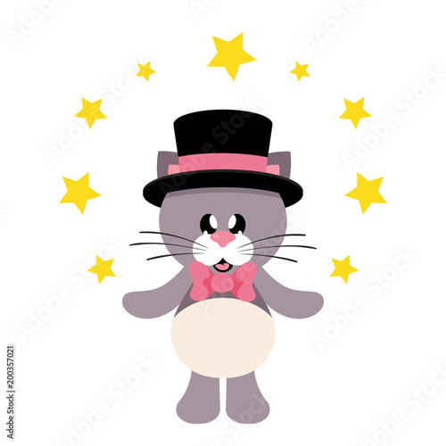 cartoon cute cat with tie and hat and stars