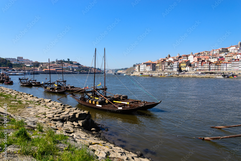 Wine transport boats in Portugal. These boats transport the barrels of wine from the interior of the country to Vila Nova de Gaia and Porto.