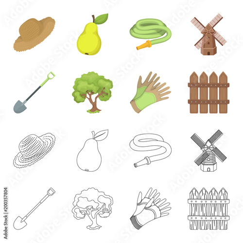 A shovel with a handle, a tree in the garden, gloves for working on a farm, a wooden fence. Farm and gardening set collection icons in cartoon,outline style vector symbol stock illustration web.
