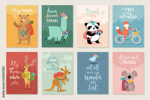 Travel Animals card set, hand drawn style,