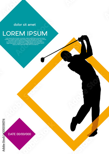 Golf club competition tournament, with squares background. Vertical vector poster with man playing game on green