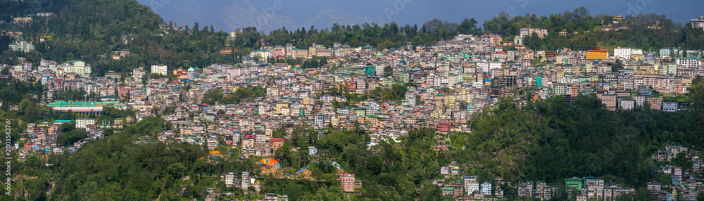 Beautiful panorama of the Gangtok city, capital of Sikkim state, Northern India.