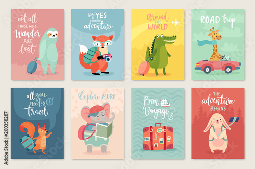 Travel Animals card set, hand drawn style,