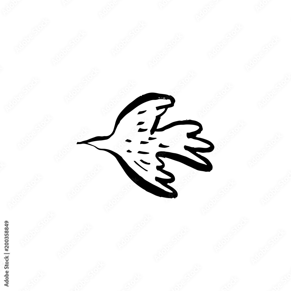 Hand sketched bird. Black cut silhouette on a white background. Hand drawn design elements. Vector illustration.
