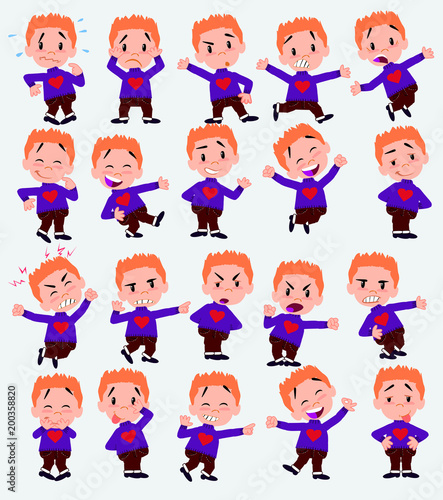 Cartoon character white boy with a heart pullover. Set with different postures  attitudes and poses  doing different activities in isolated vector illustrations.
