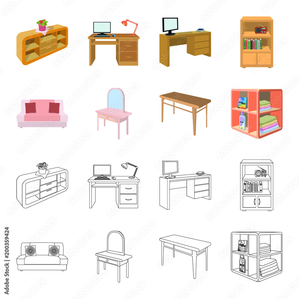 Soft sofa, toilet make-up table, dining table, shelving for laundry and  detergent. Furniture and interior set collection icons in cartoon,outline  style isometric vector symbol stock illustration web. Stock Vector | Adobe  Stock