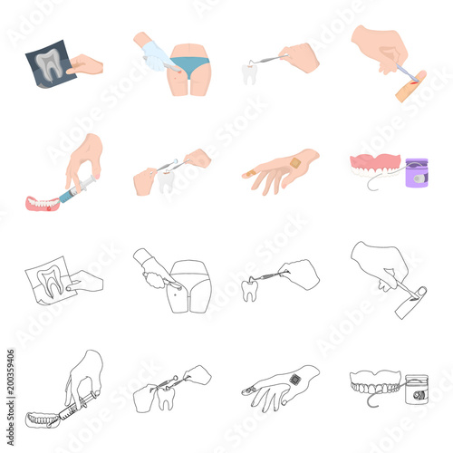Anesthetic injection, dental instrument, hand manipulation, tooth cleaning and other web icon in cartoon,outline style.bactericidal plaster, medicine icons in set collection.