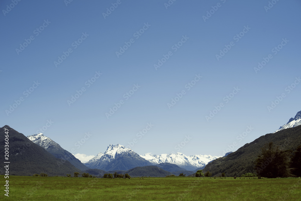 Paisaje minimalista de prado verde con montañas nevadas de fondo y cielo azul despejado	