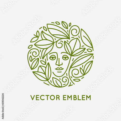 Vector logo design template in trendy linear style with female face - abstract beauty symbol for hair salon or organic cosmetics 