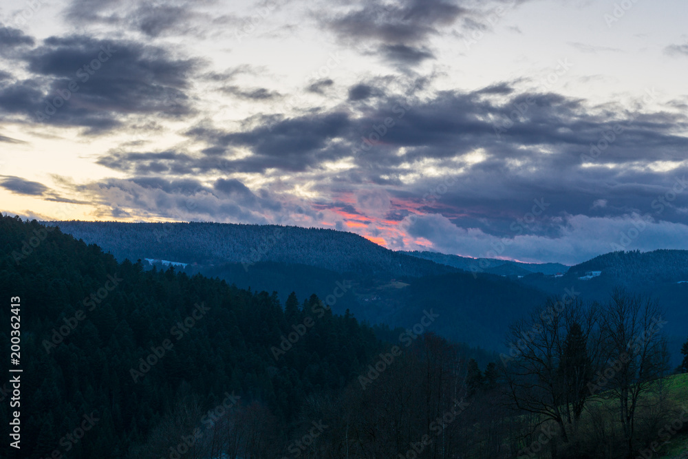Germany, Remote black forest nature landscape with dramatic sunset sky