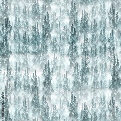  Seamless watercolor pattern, background. Blue spruce, pine, cedar, larch, abstract forest, silhouette of trees. Foggy forest