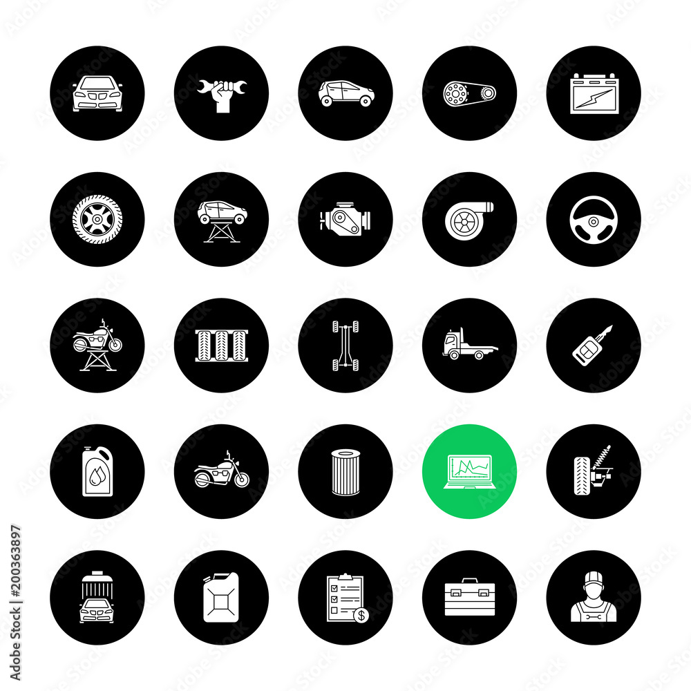 Auto workshop glyph icons set Auto workshop glyph icons set
