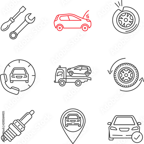 Auto workshop linear icons set