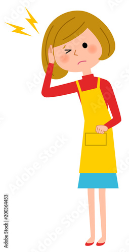 エプロンの女性　頭痛