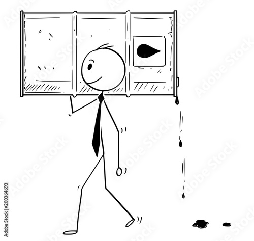 Cartoon stick man drawing conceptual illustration of businessman carry barrel of fuel or petroleum. Concept of oil business.