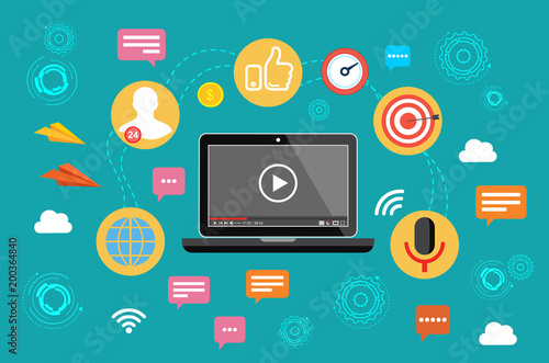 Video marketing. Video, webinar, online conference. Vector illustration.