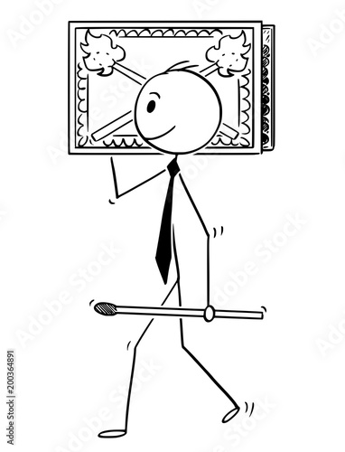 Cartoon stick man drawing conceptual illustration of businessman carry big matchbox or box of matches. Business concept of creativity and problem solving.