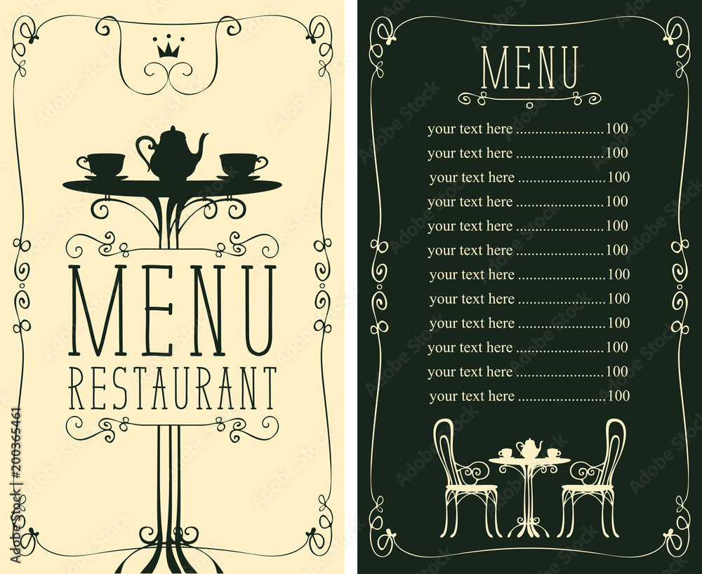 Table Menu. Art Vector menu for restaurant or cafe with a price list and a table for ...