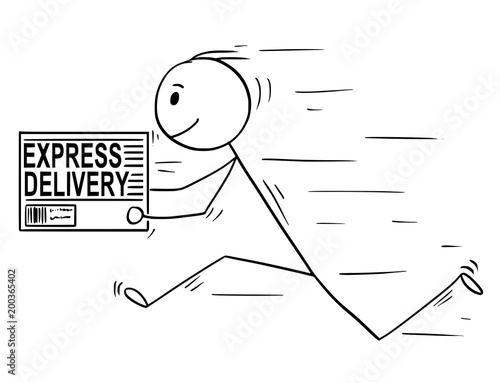 Cartoon stick man drawing conceptual illustration of businessman running with carton box. Business concept of fast delivery service.