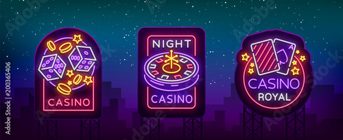 Casino is a set of neon signs. Collection of neon logos slot machine gambling emblem, the bright banner neon casino for your projects. Night light billboard, design element. Vector illustration