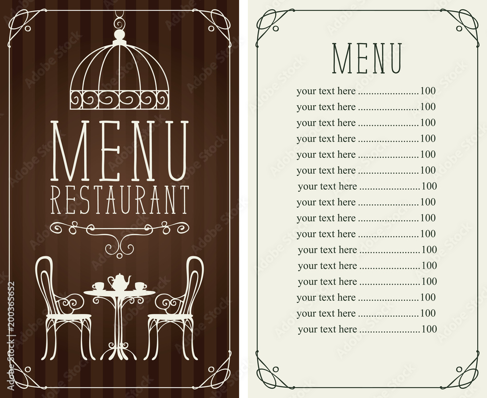 Table Menu. Art Vector menu for restaurant or cafe with a price list and a table for ...