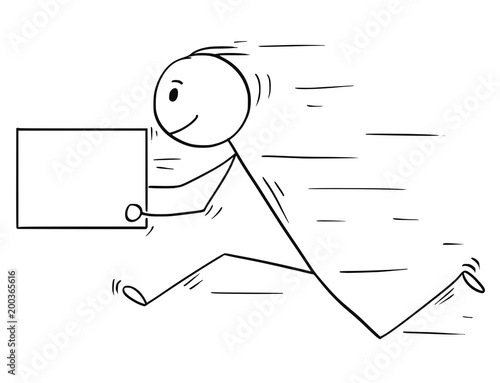Cartoon stick man drawing conceptual illustration of businessman running fast with delivery box or letter. Usable as empty or blank sign for your text.