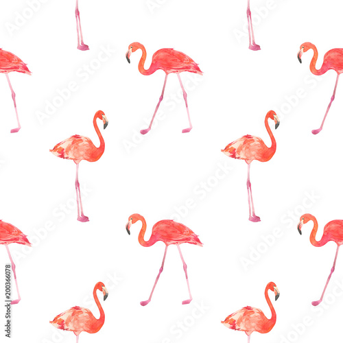 Seamless watercolor pattern with a bird flamingo. Beautiful pink bird. Tropical flamingo. © vavavka