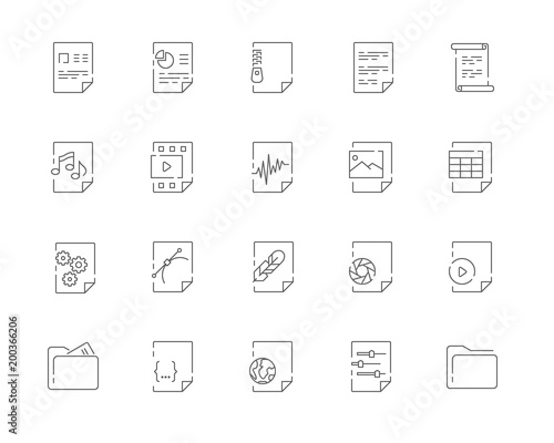 Simple set of File types vector line web icons. Contains such Icons as Document DOC, Presentation PPT, Table XLS, Video AVI, Image JPG and more. Editable Stroke. 48x48 Pixel Perfect.